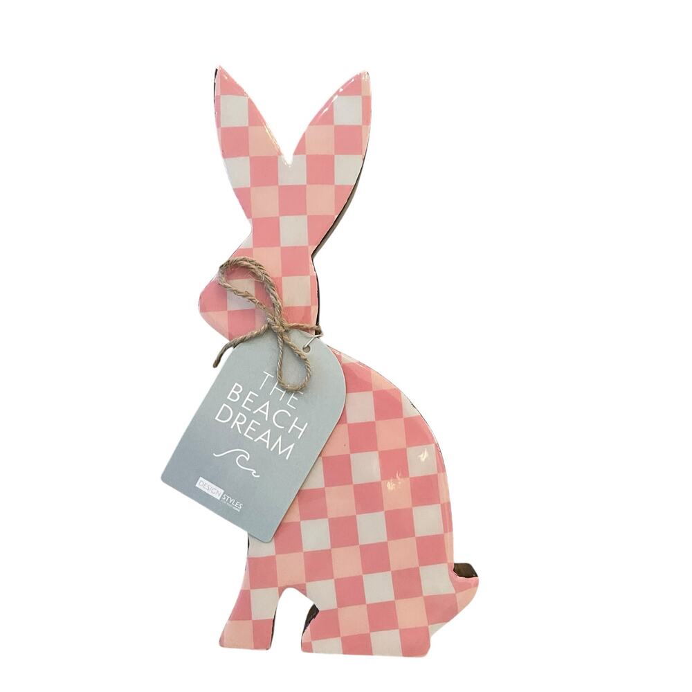 Design Styles Pink & White Checkered Wooden and Enamel Bunny Easter Decor New
